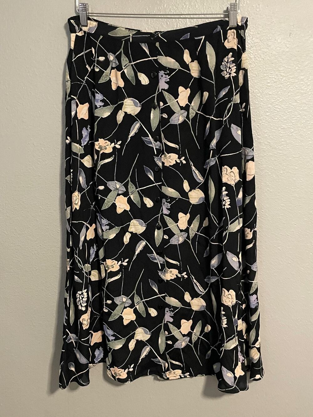 VTG Shelly & Arnold Skirt Womens Medium Black Floral Maxi Button Front Cottage